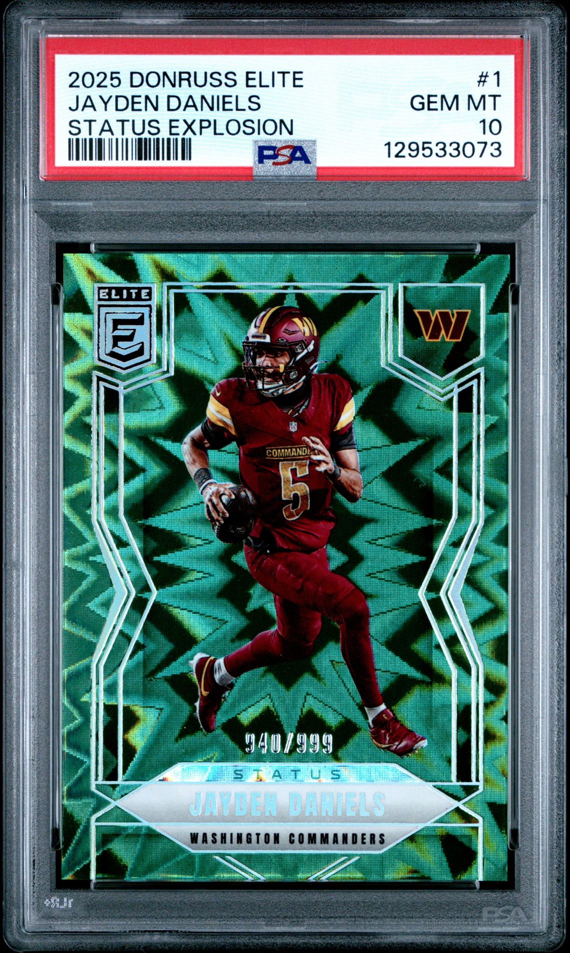 2025 Panini Donruss Elite Jayden Daniels #1 (Status Explosion) Gem Mt 10 front view - PSA graded GEM MT 10