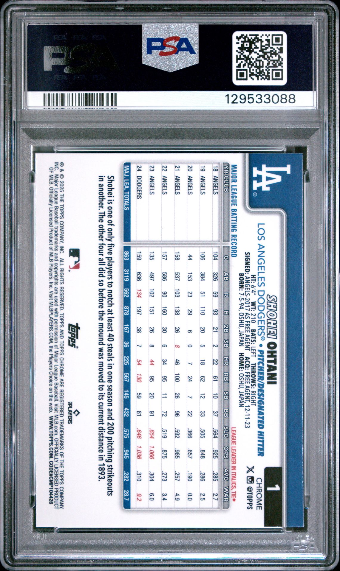 2025 Topps Chrome Logofractor Edition Shohei Ohtani #1 Mint 9 back