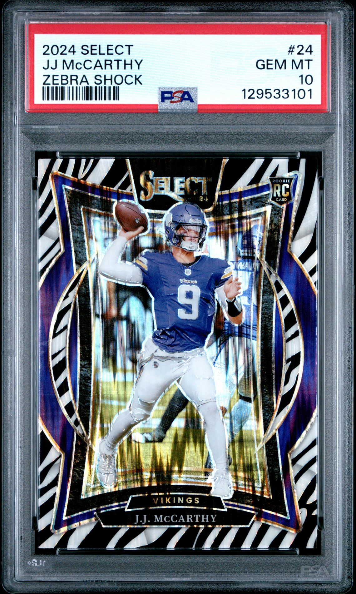 2024 Panini Select Jj Mccarthy #24 (Zebra Shock) Gem Mt 10 front
