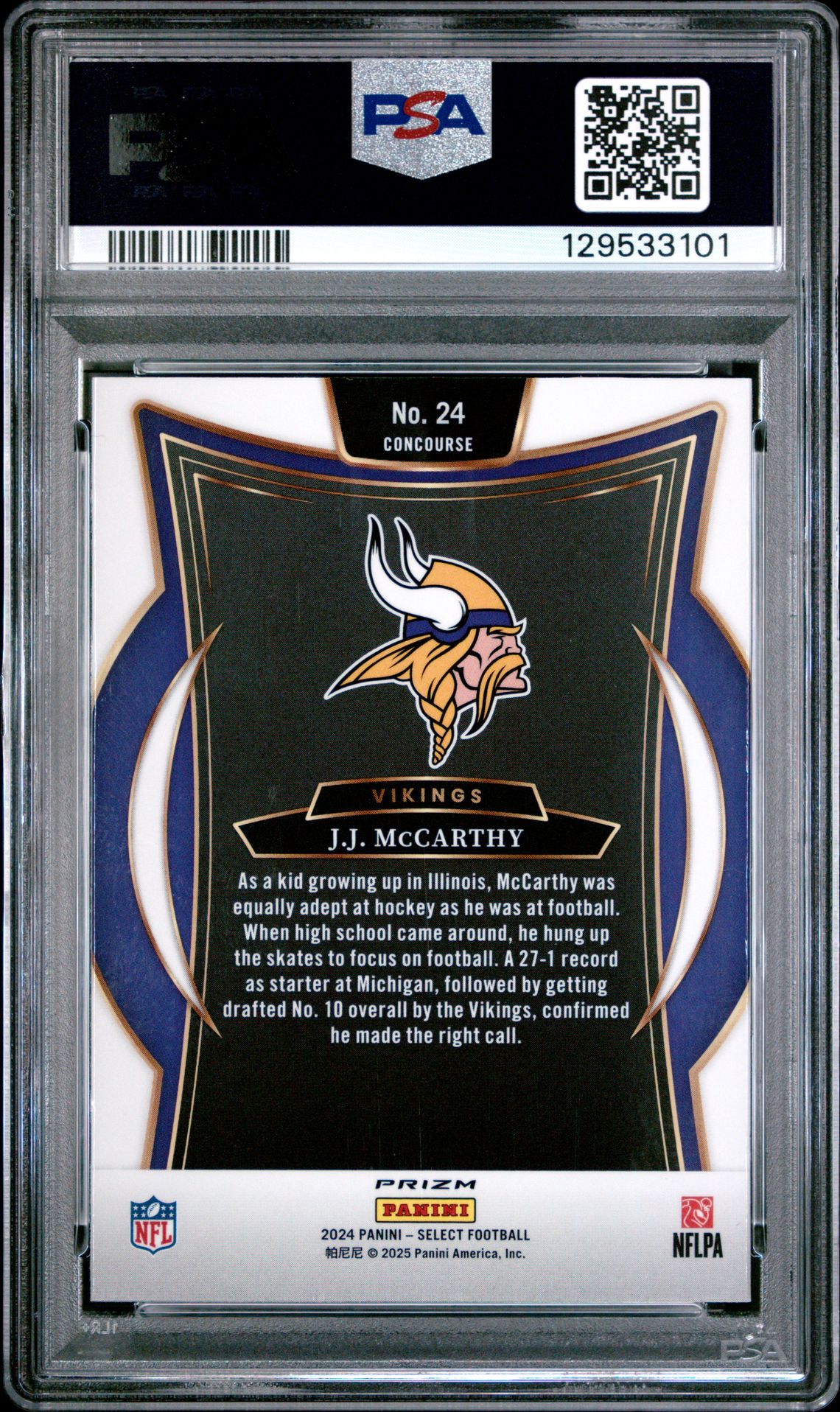2024 Panini Select Jj Mccarthy #24 (Zebra Shock) Gem Mt 10 back