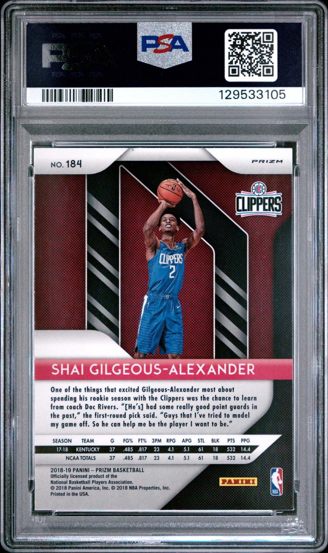 2018 Panini Prizm S.gilgeous-Alexander #184 (Ruby Wave) Mint 9 back