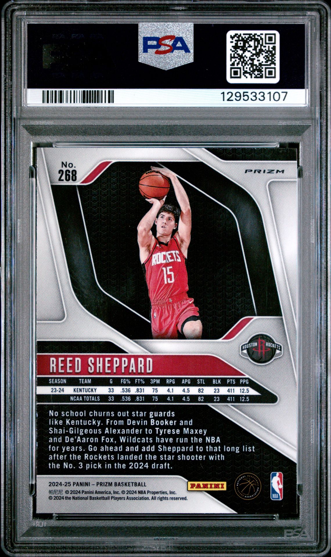 2024 Panini Prizm Reed Sheppard #268 (Silver Prizm) Gem Mt 10 back