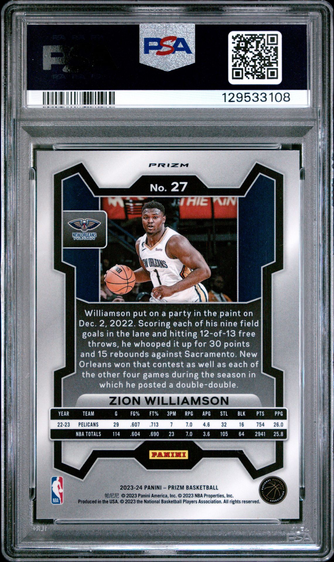2023 Panini Prizm Zion Williamson #27 (King Snake) Mint 9 back
