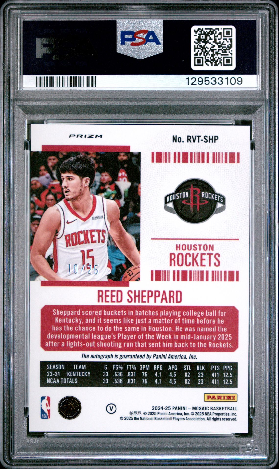 2024 Panini Mosaic Rookie Season Ticket Autographs Reed Sheppard #Rvtshp (Rk Season Ticket Auto-Var) Mint 9 back