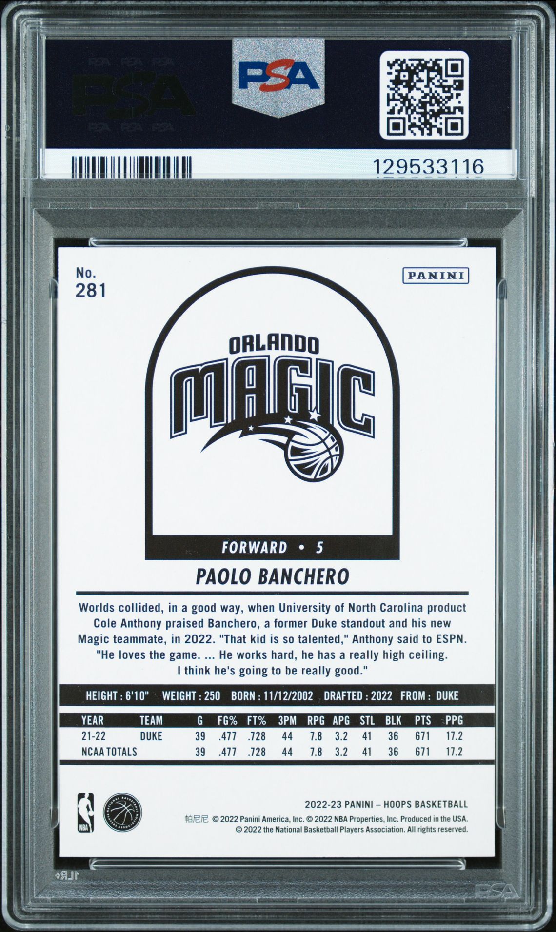 2022 Panini Nba Hoops Paolo Banchero #281 Gem Mt 10 back