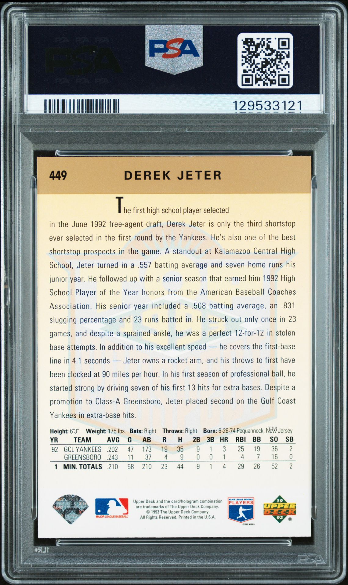 1993 Upper Deck Derek Jeter #449 Nm-Mt 8 back