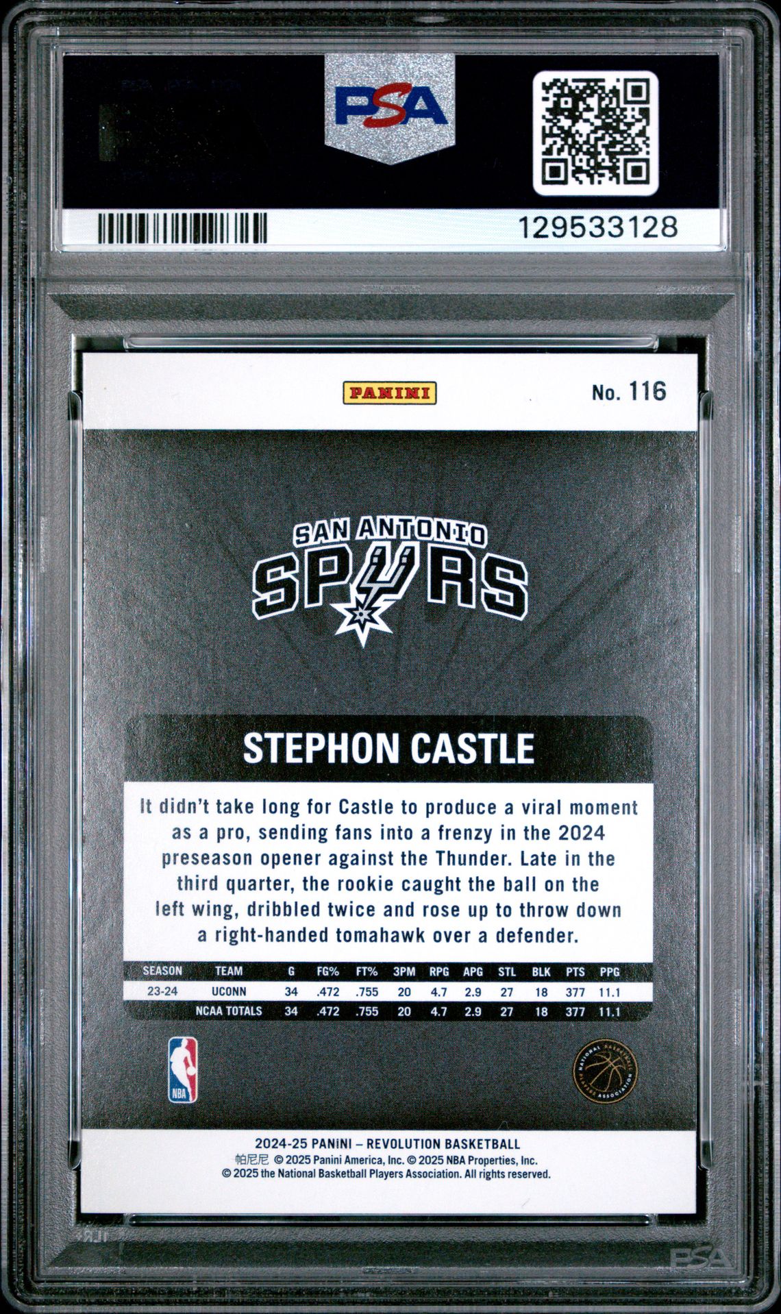 2024 Panini Revolution Stephon Castle #116 Gem Mt 10 back