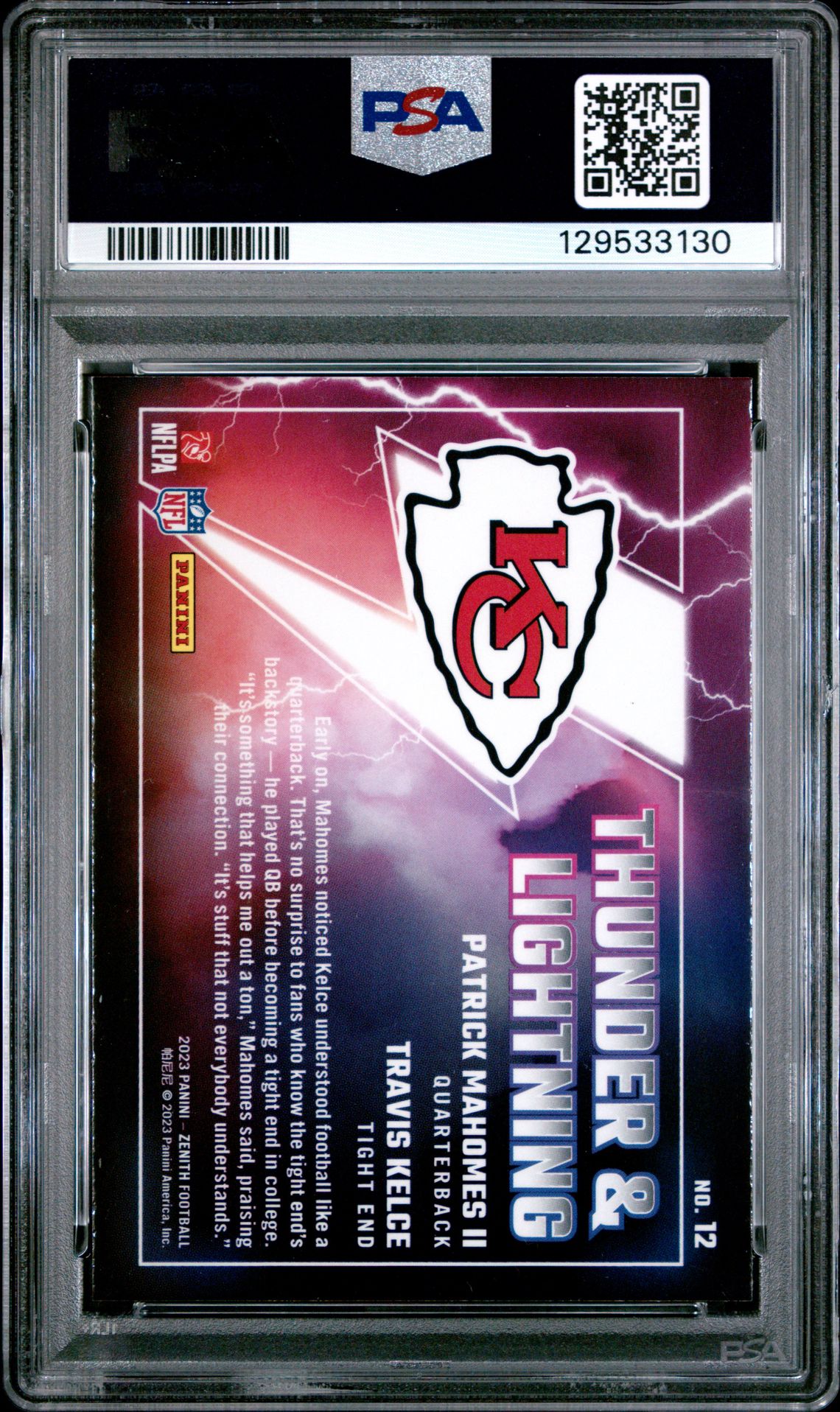 2023 Panini Zenith Thunder And Lightning Mahomes Ii/Kelce #12 (Thunder & Lightning-Red) Mint 9 back