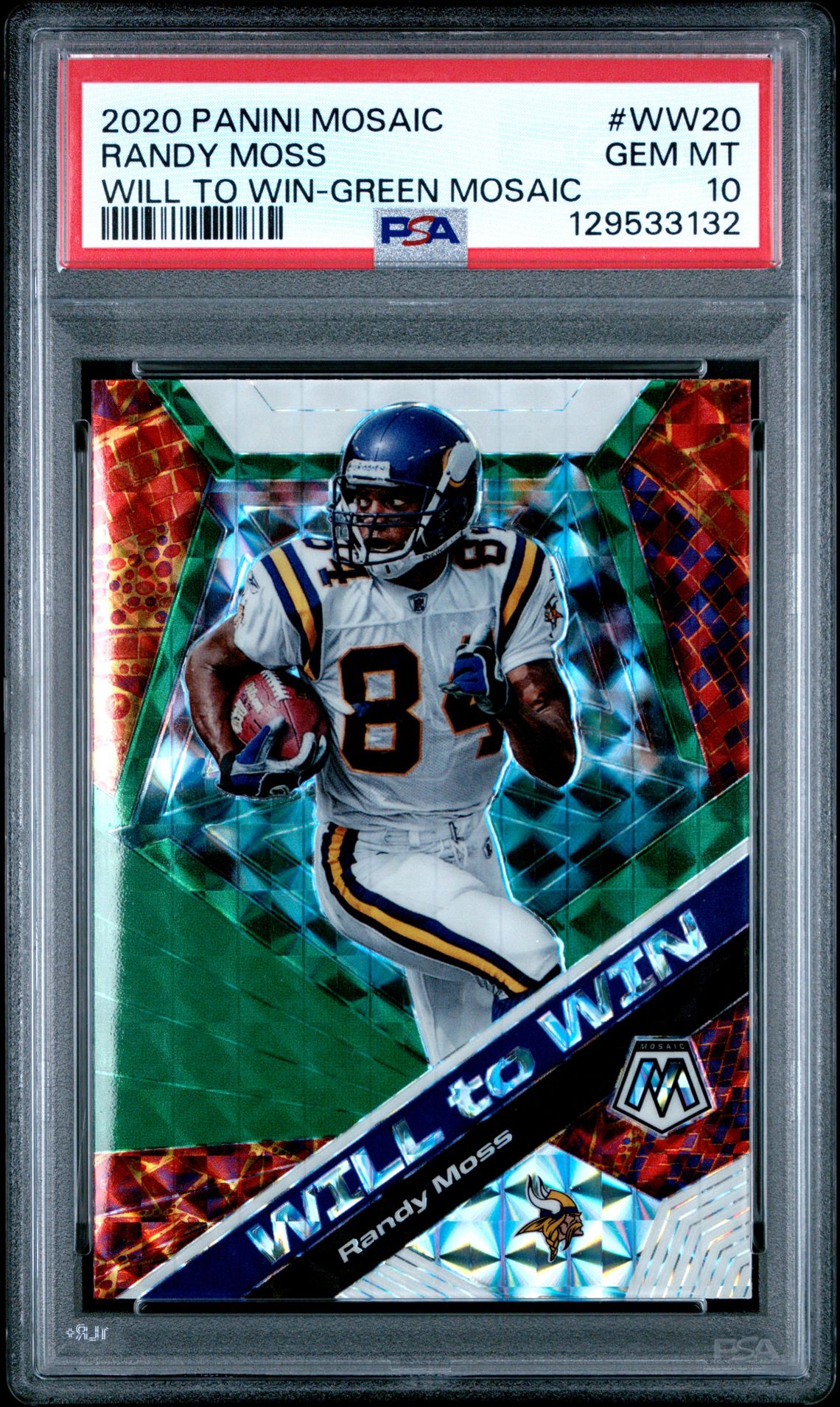 2020 Panini Mosaic Will To Win Randy Moss #Ww20 (Will To Win-Green Mosaic) Gem Mt 10 front