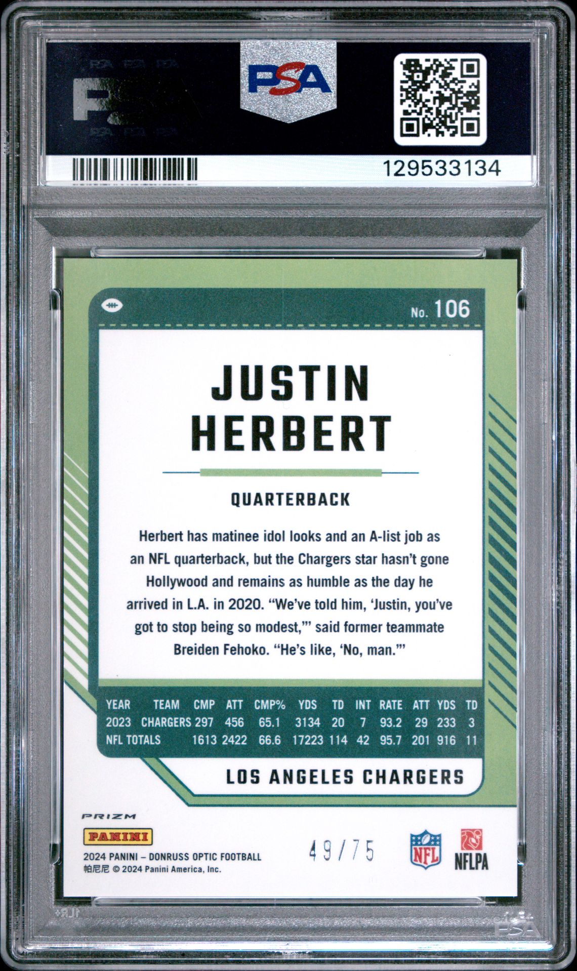 2024 Panini Donruss Optic Justin Herbert #106 (Electricity) Mint 9 back