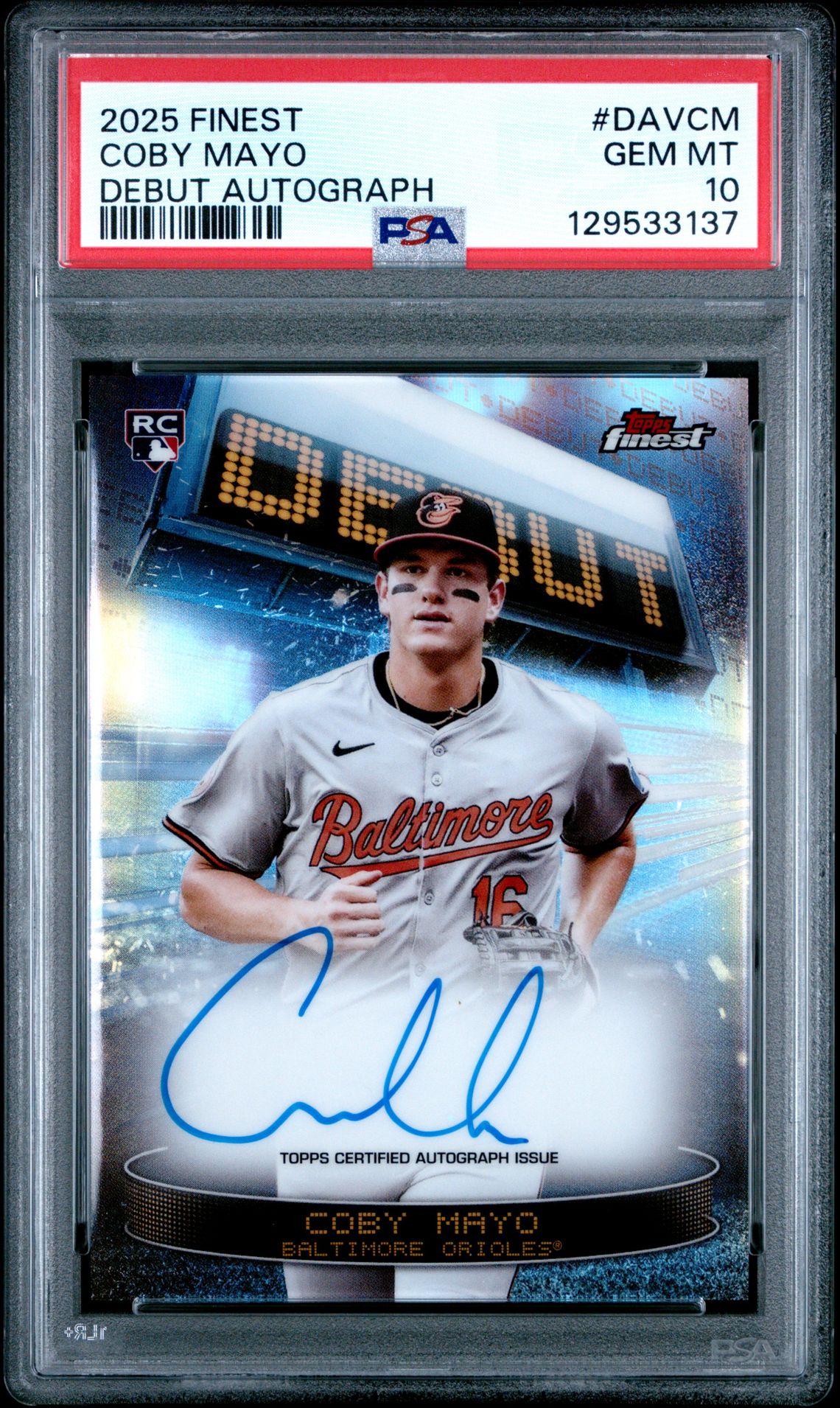 2025 Topps Finest Debut Autographs Coby Mayo #Davcm Gem Mt 10 front