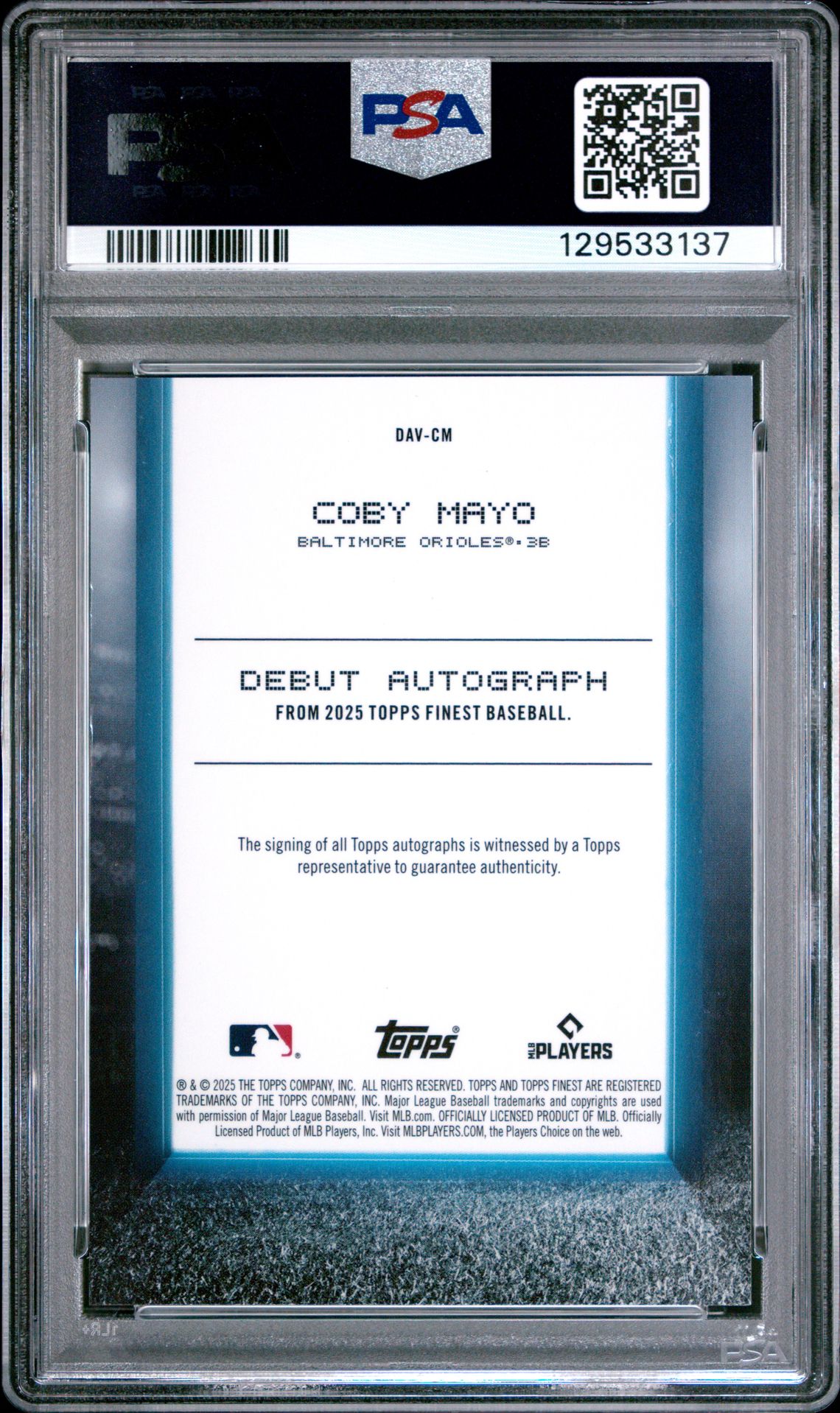 2025 Topps Finest Debut Autographs Coby Mayo #Davcm Gem Mt 10 back
