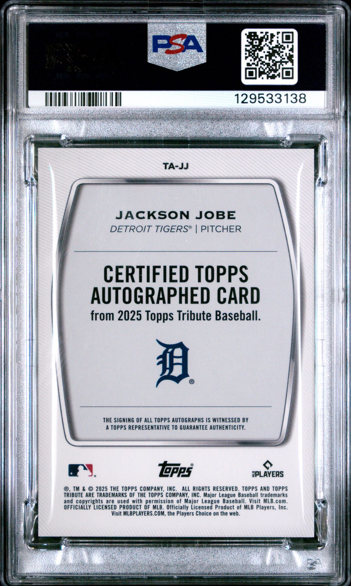 2025 Topps Tribute Tribute Autographs Jackson Jobe #Tajj Gem Mt 10 back