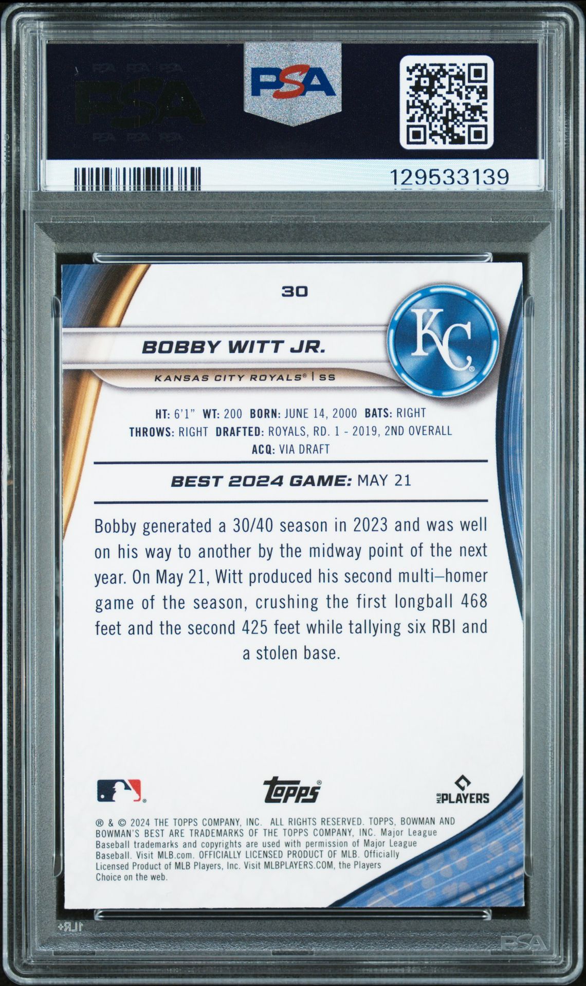 2024 Bowman's Best Bobby Witt Jr. #30 (Blue X-Fractor) Mint 9 back