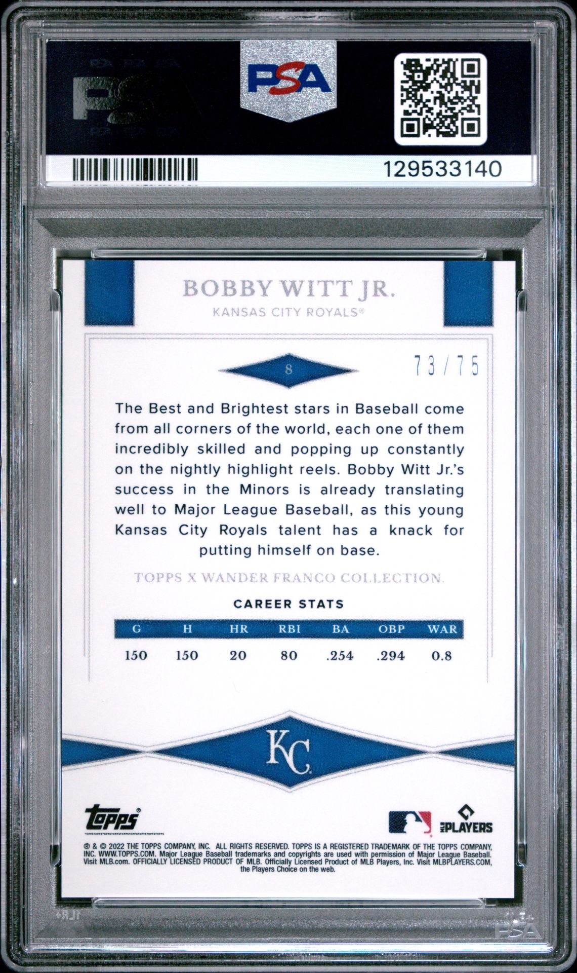 2022 Topps X Wander Franco Bobby Witt Jr. #8 (Dark Blue Gradient) Gem Mt 10 back