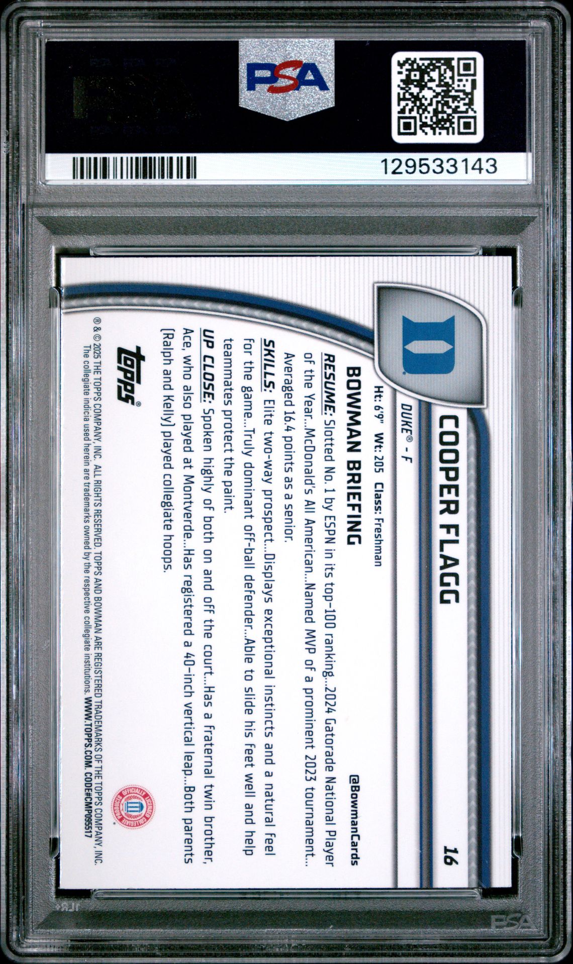 2024 Bowman Chrome University Cooper Flagg #16 (Green Shimmer) Gem Mt 10 back