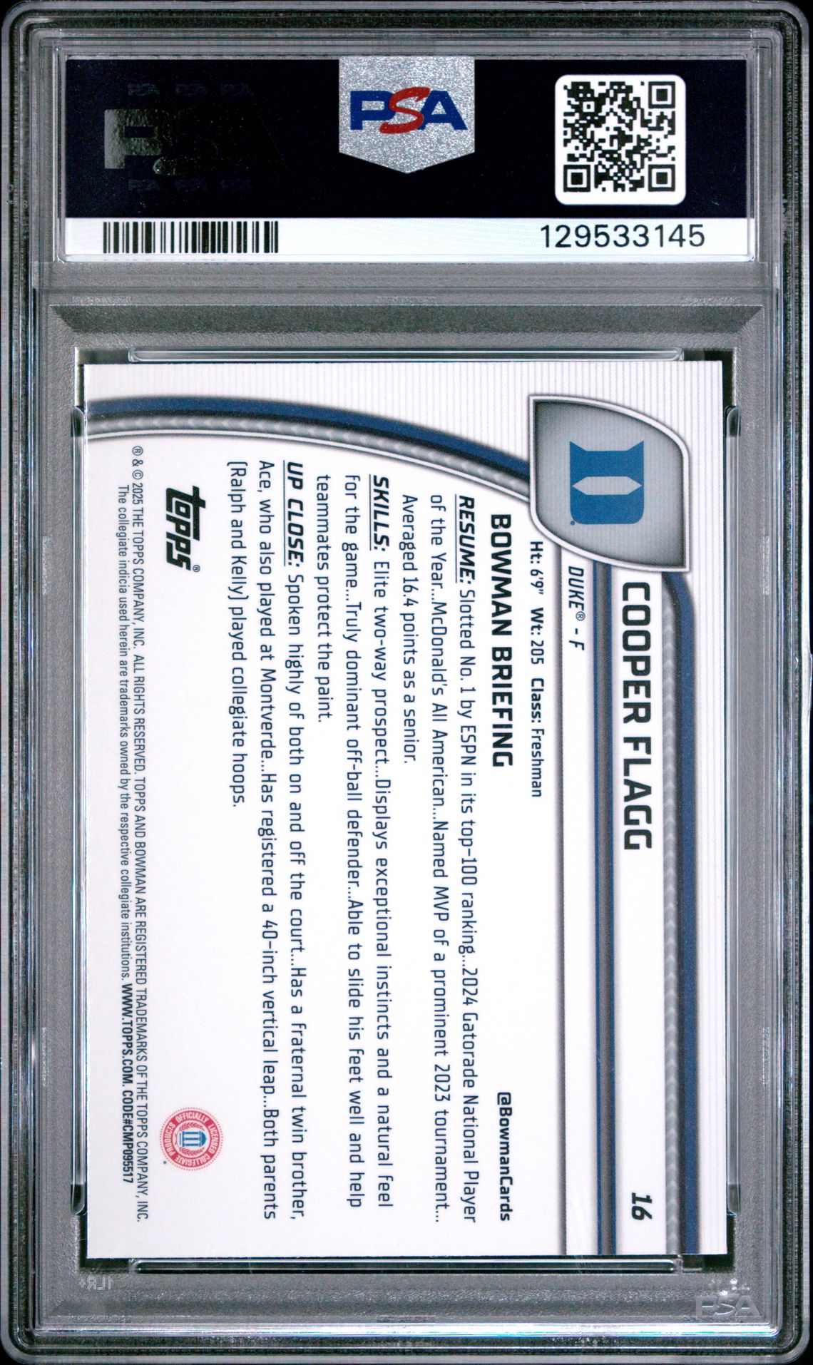 2024 Bowman Chrome University Cooper Flagg #16 (Black Wave) Gem Mt 10 back
