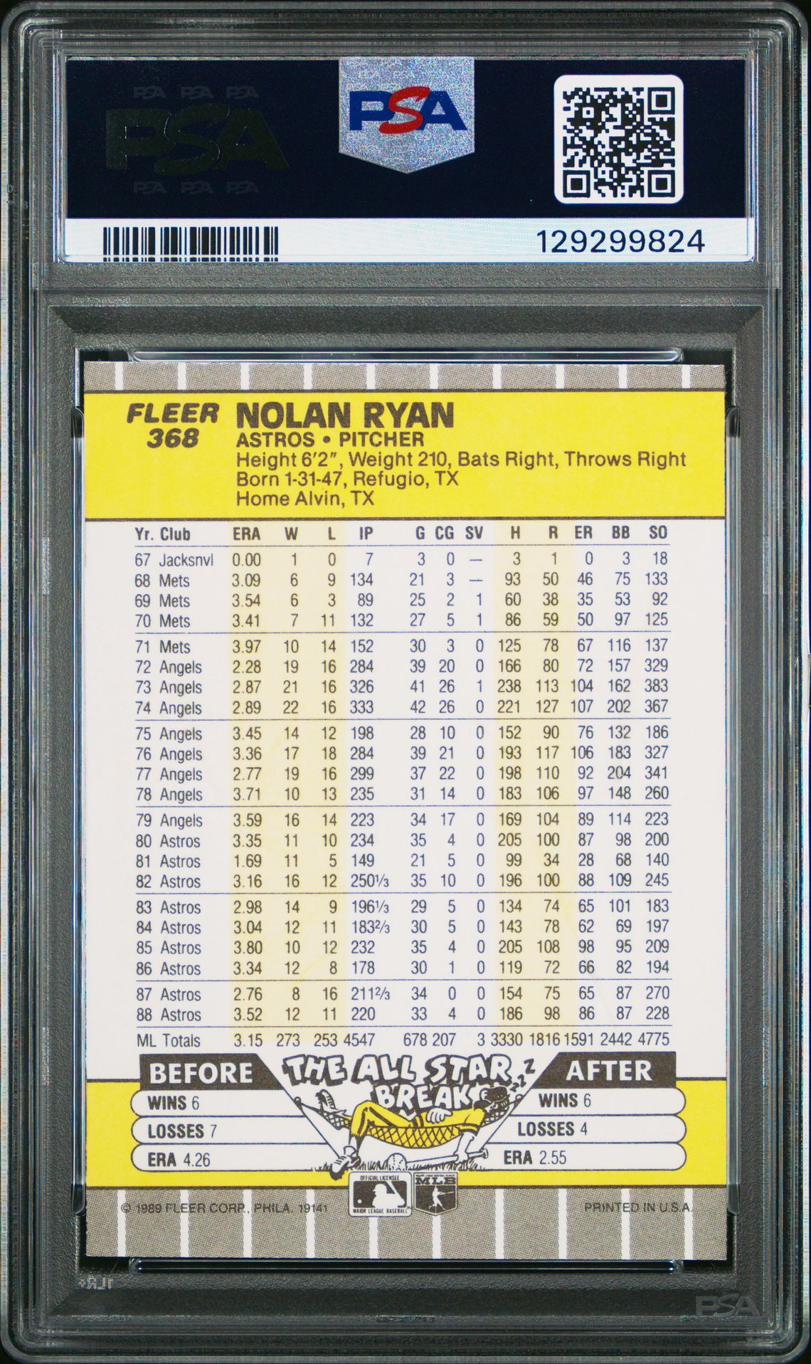 1989 Fleer Nolan Ryan #368 Ex 5 back