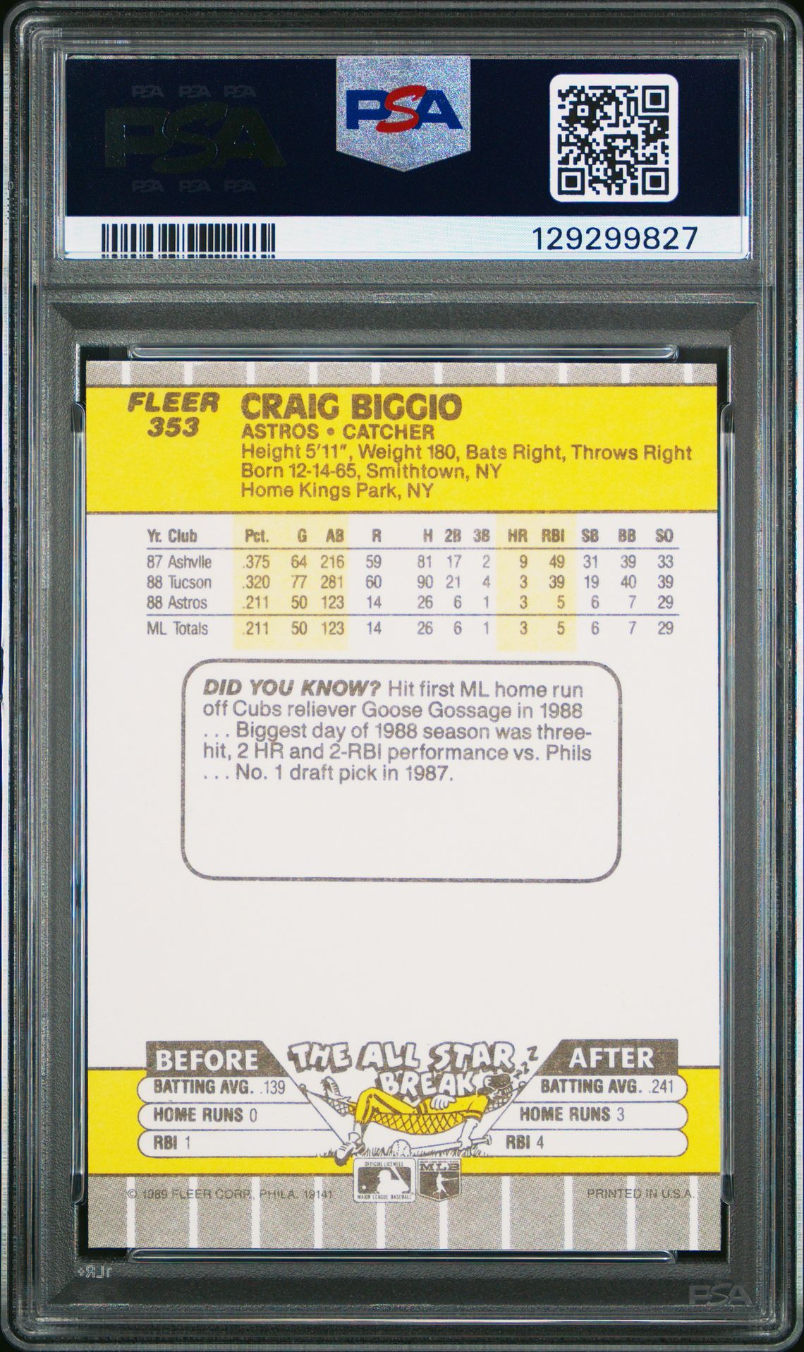 1989 Fleer Craig Biggio #353 Ex-Mt 6 back