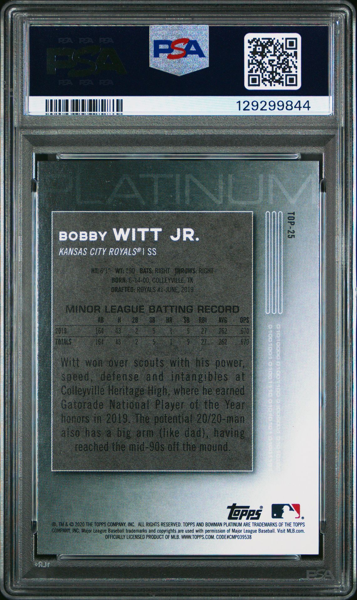 2020 Bowman Platinum Top Prospects Bobby Witt Jr. #Top25 (Top Prospects-Blue) Mint 9 back