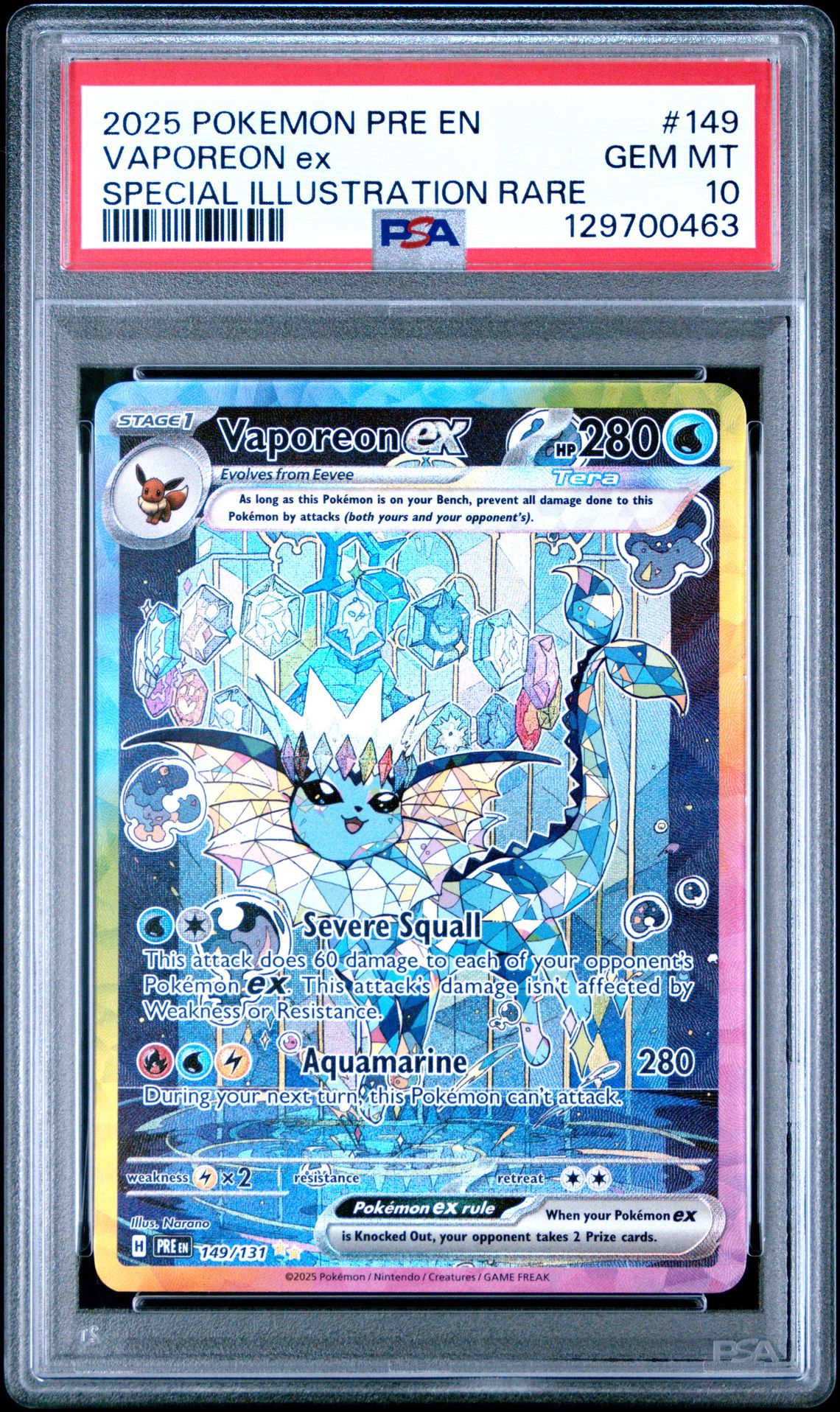 2025 Pokemon Pre En-Prismatic Evolutions Vaporeon Ex #149 (Special Illustration Rare) Gem Mt 10 front