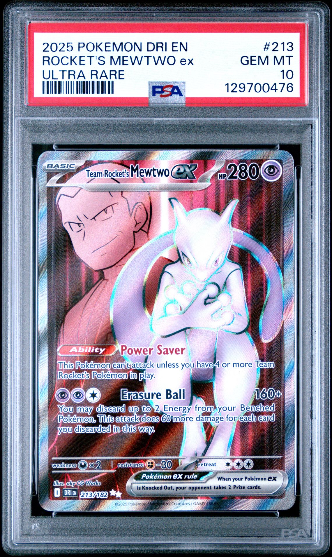 2025 Pokemon Dri En-Destined Rivals Rocket's Mewtwo Ex #213 (Ultra Rare) Gem Mt 10 front