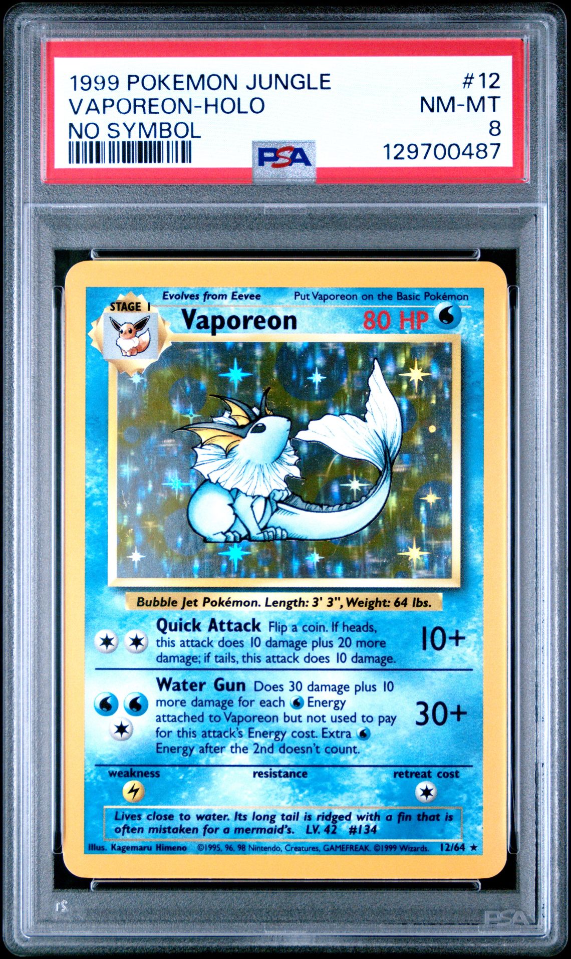 1999 Pokemon Jungle Vaporeon-Holo #12 (No Symbol) Nm-Mt 8 front