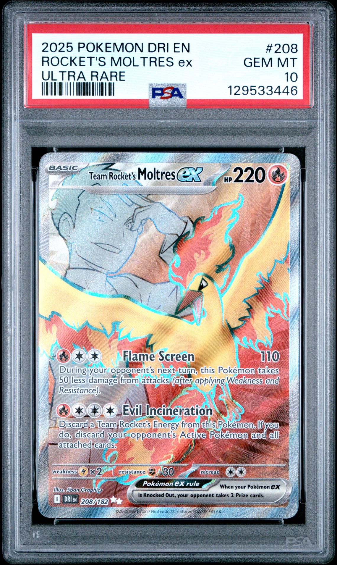2025 Pokemon Dri En-Destined Rivals Rocket's Moltres Ex #208 (Ultra Rare) Gem Mt 10 front