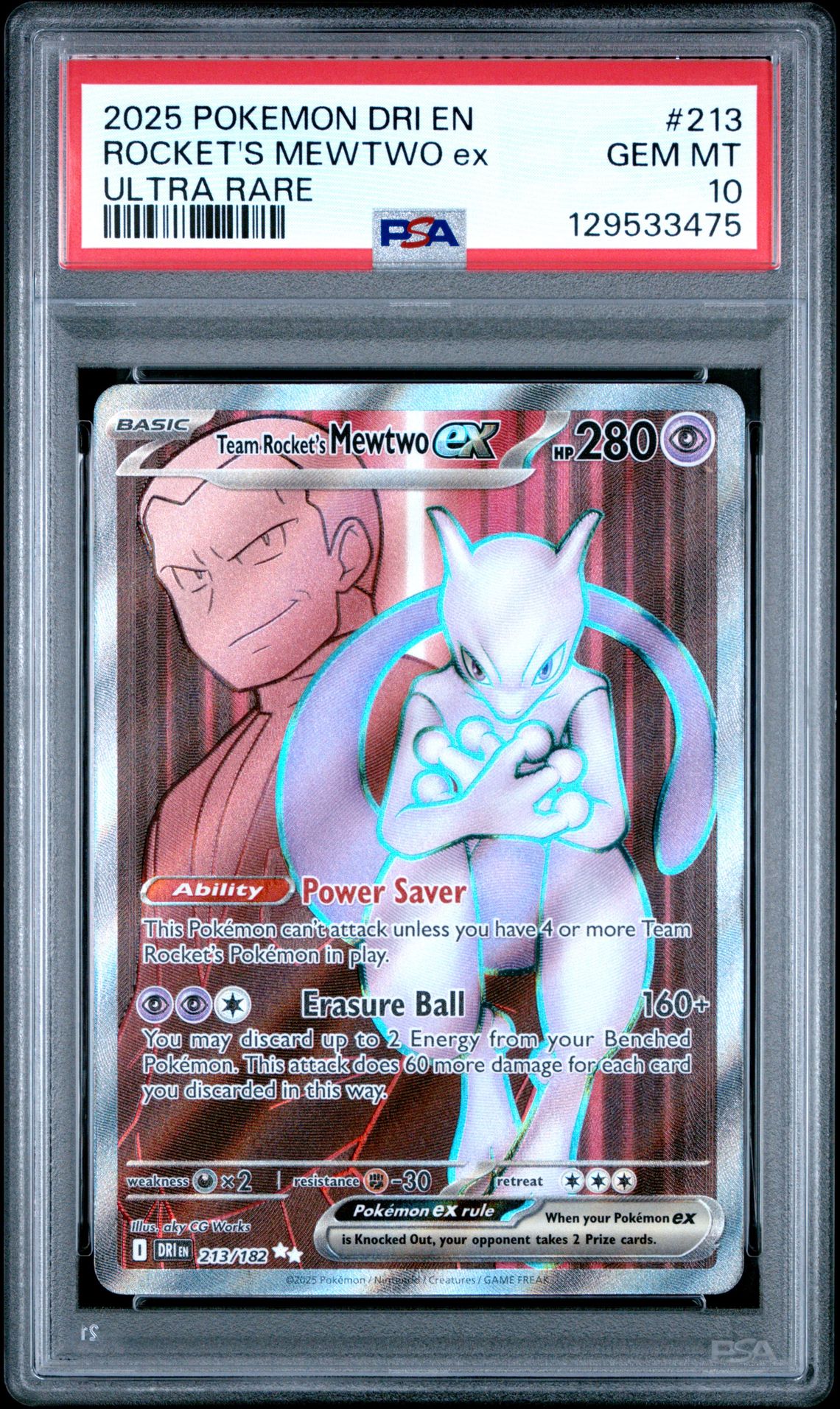 2025 Pokemon Dri En-Destined Rivals Rocket's Mewtwo Ex #213 (Ultra Rare) Gem Mt 10 front
