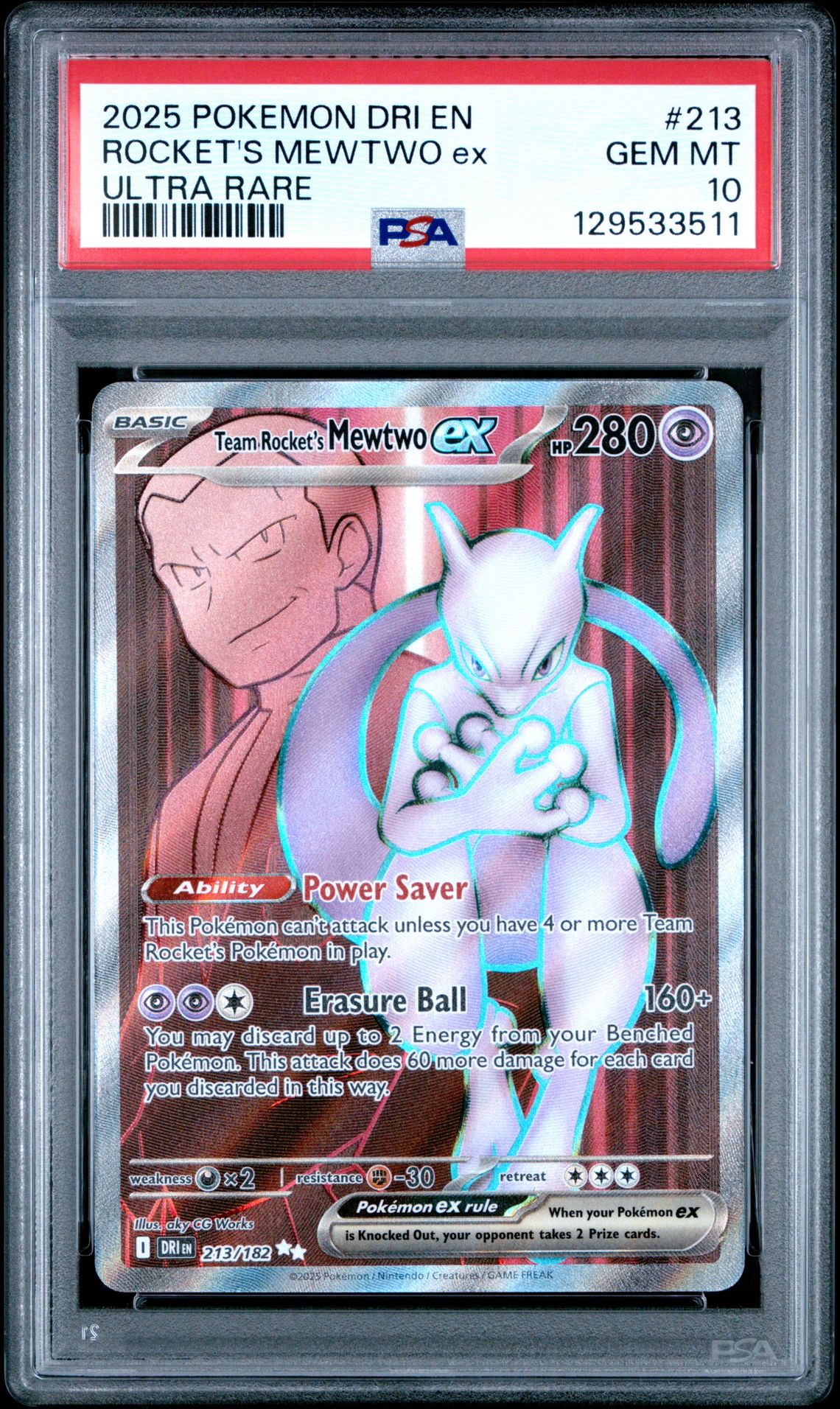 2025 Pokemon Dri En-Destined Rivals Rocket's Mewtwo Ex #213 (Ultra Rare) Gem Mt 10 front