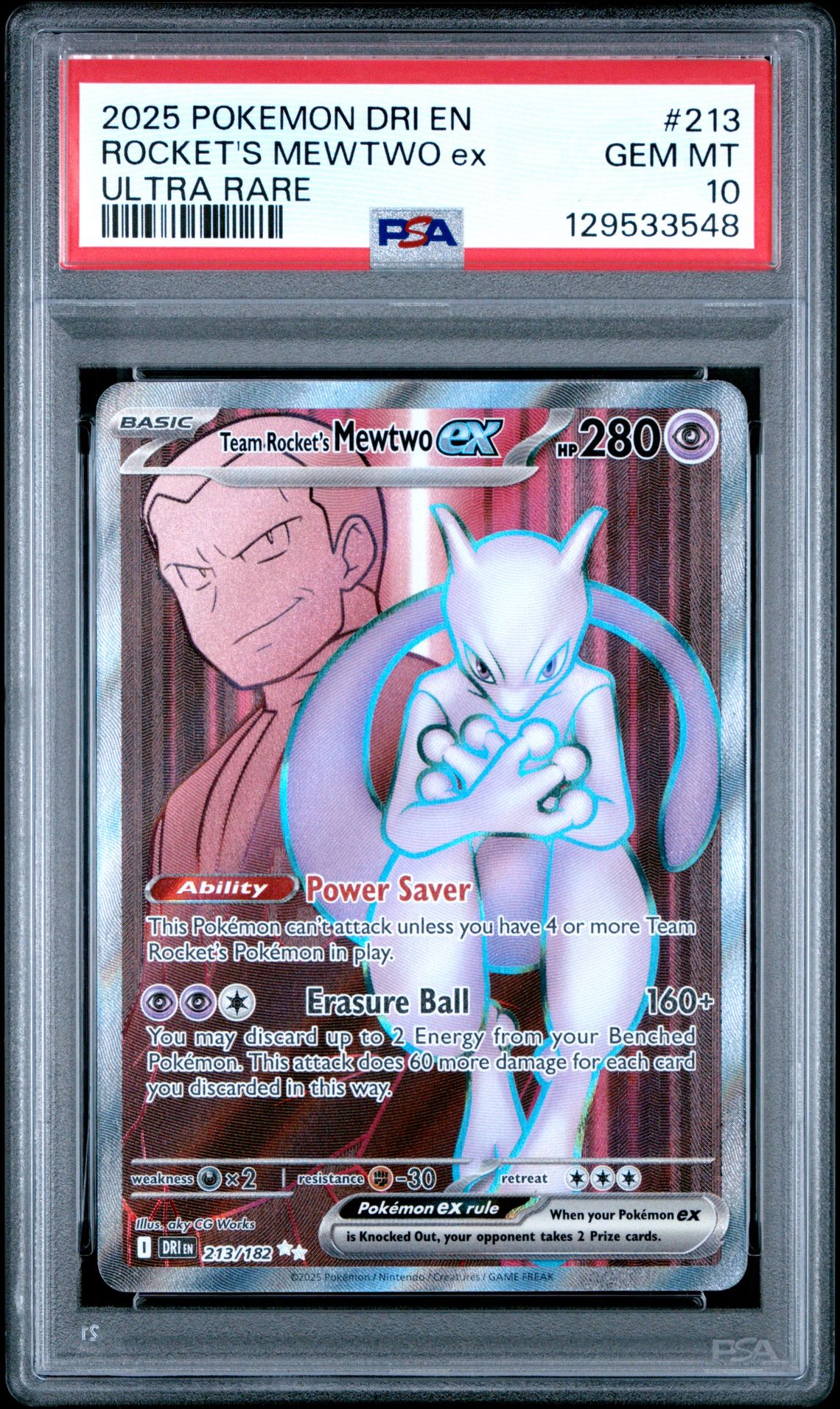2025 Pokemon Dri En-Destined Rivals Rocket's Mewtwo Ex #213 (Ultra Rare) Gem Mt 10 front