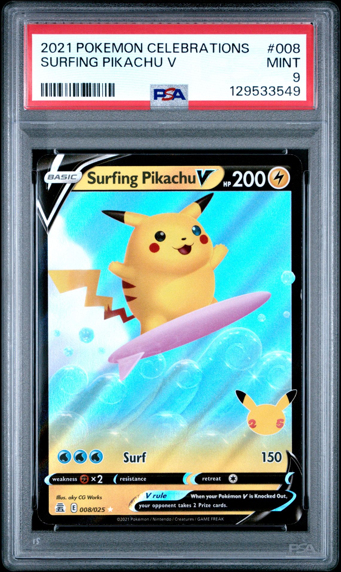 2021 Pokemon Celebrations Surfing Pikachu V #008 Mint 9 front