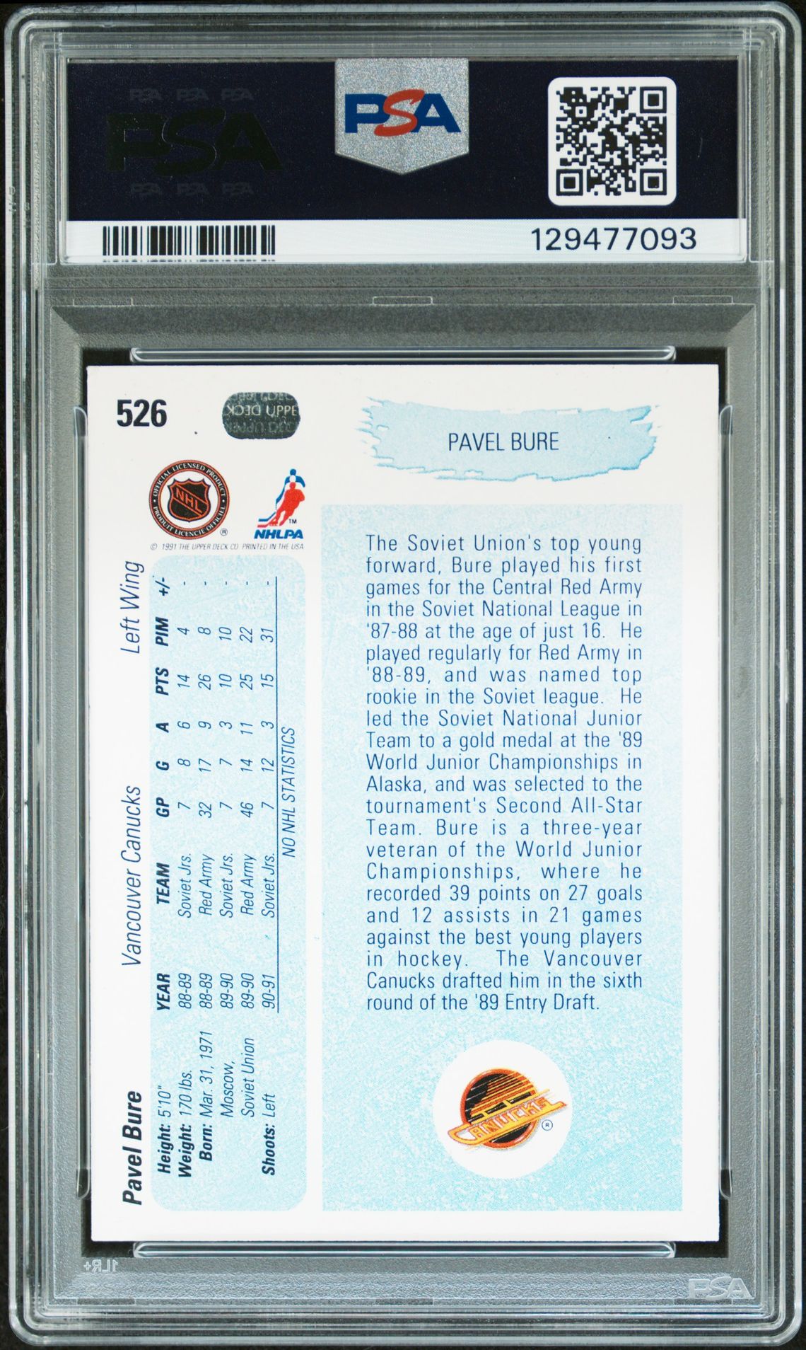 1990 Upper Deck Pavel Bure #526 N0: Authentic back
