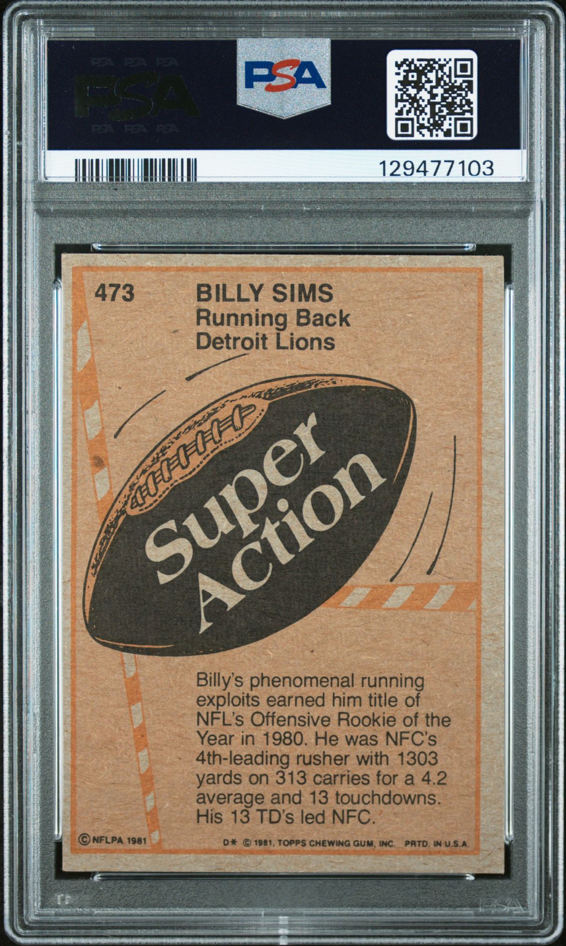 1981 Topps Billy Sims #473 N0: Authentic back