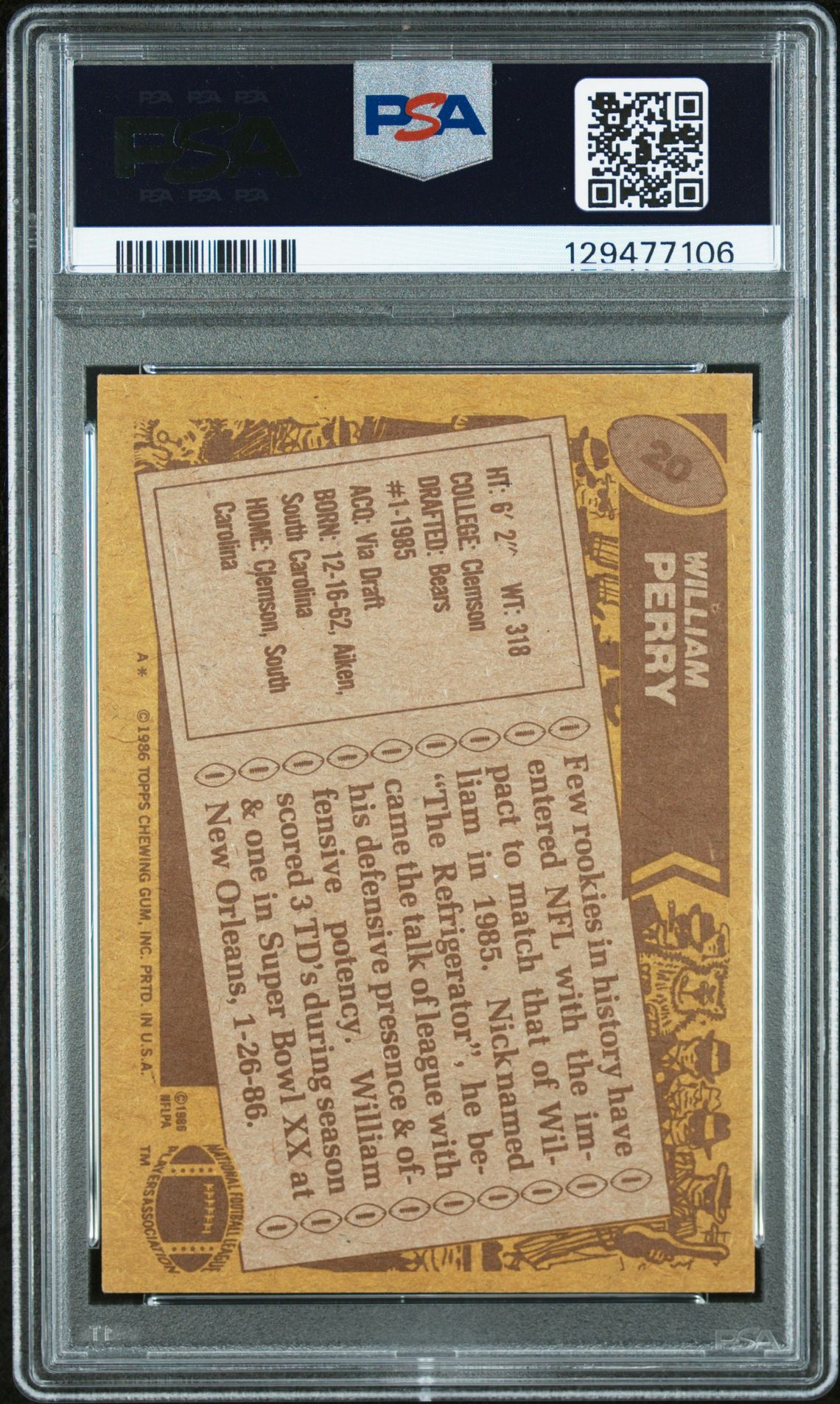 1986 Topps William Perry #20 N0: Authentic back