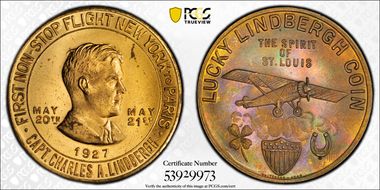 1927 AE Medal TC-249205 Lucky Lindbergh MS63