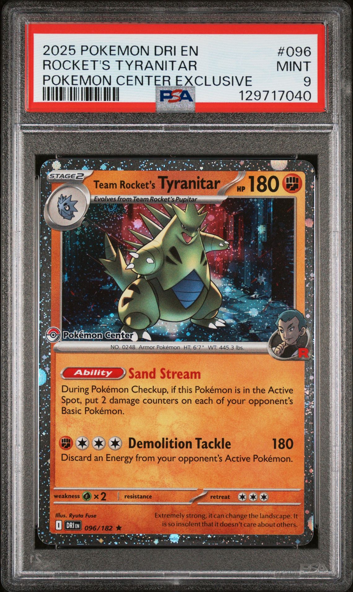2025 Pokemon Dri En-Destined Rivals Rocket's Tyranitar #096 (Pokemon Center Exclusive) Mint 9 front