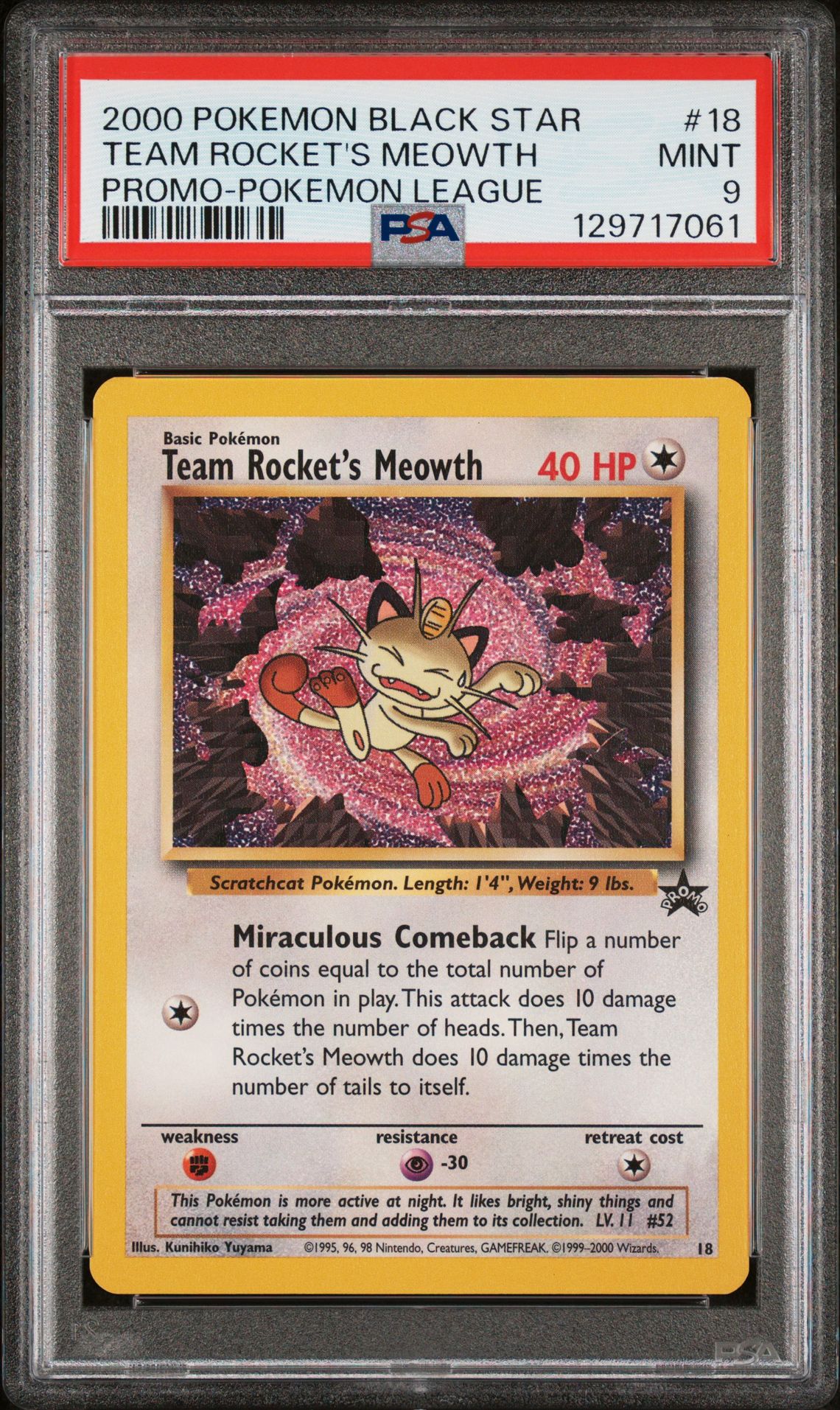2000 Pokemon Promo Black Star Team Rocket's Meowth #18 (Promo-Pokemon League) Mint 9 front