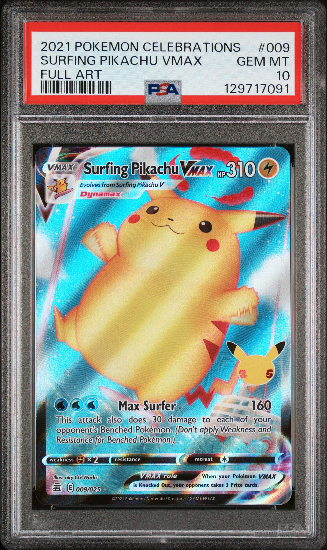 2021 Pokemon Celebrations Surfing Pikachu Vmax #009 (Full Art) Gem Mt 10 front