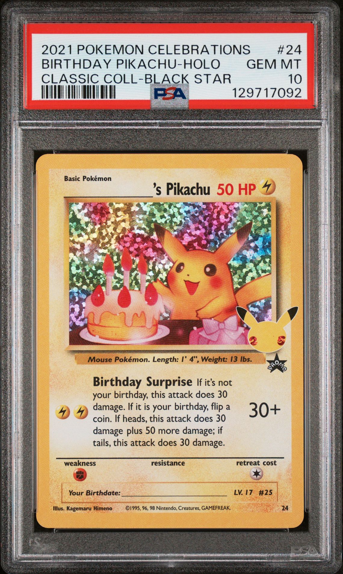 2021 Pokemon Celebrations Classic Collection Birthday Pikachu-Holo #24 (Classic Coll-Black Star) Gem Mt 10 front