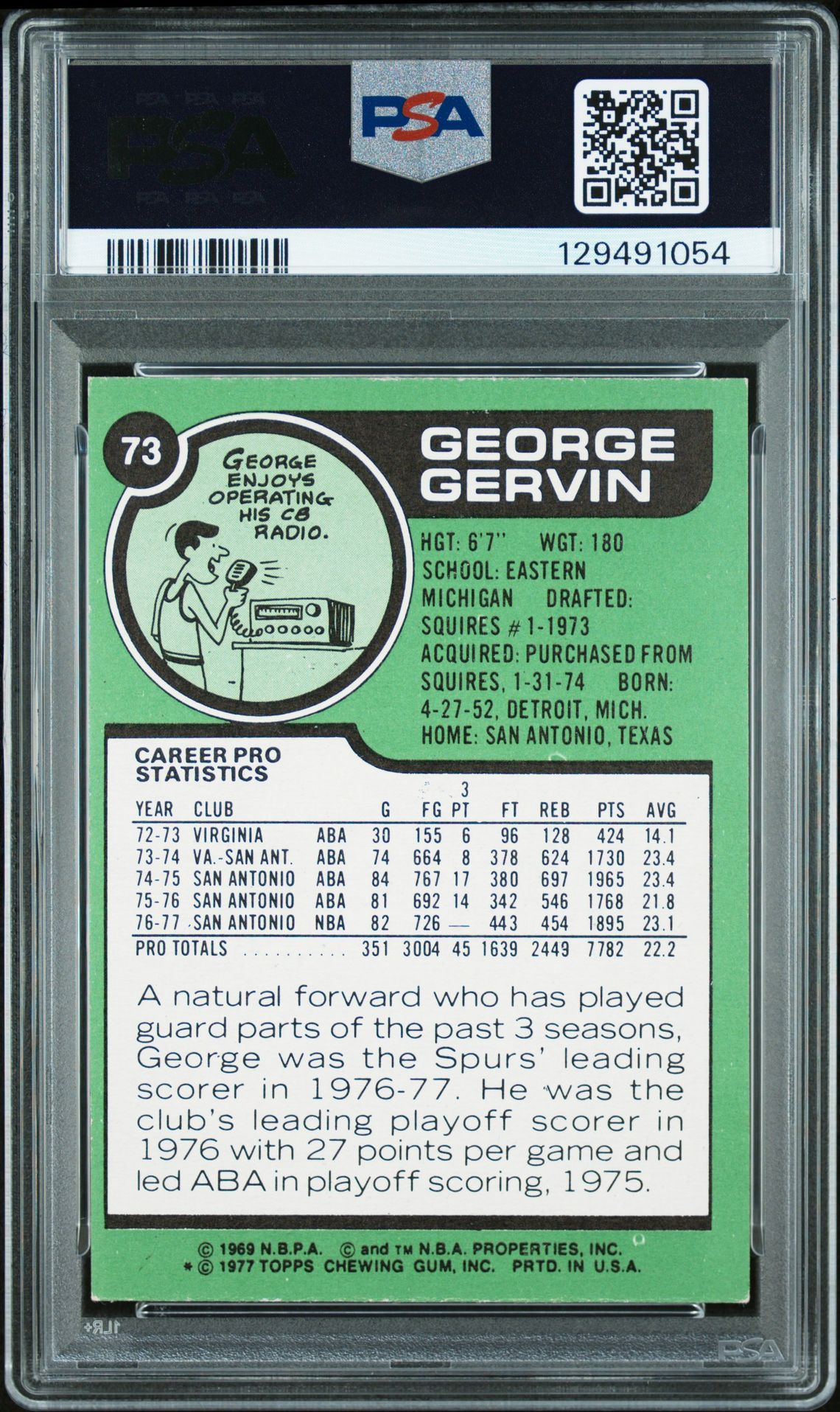 1977 Topps George Gervin #73 Ex-Mt 6 back