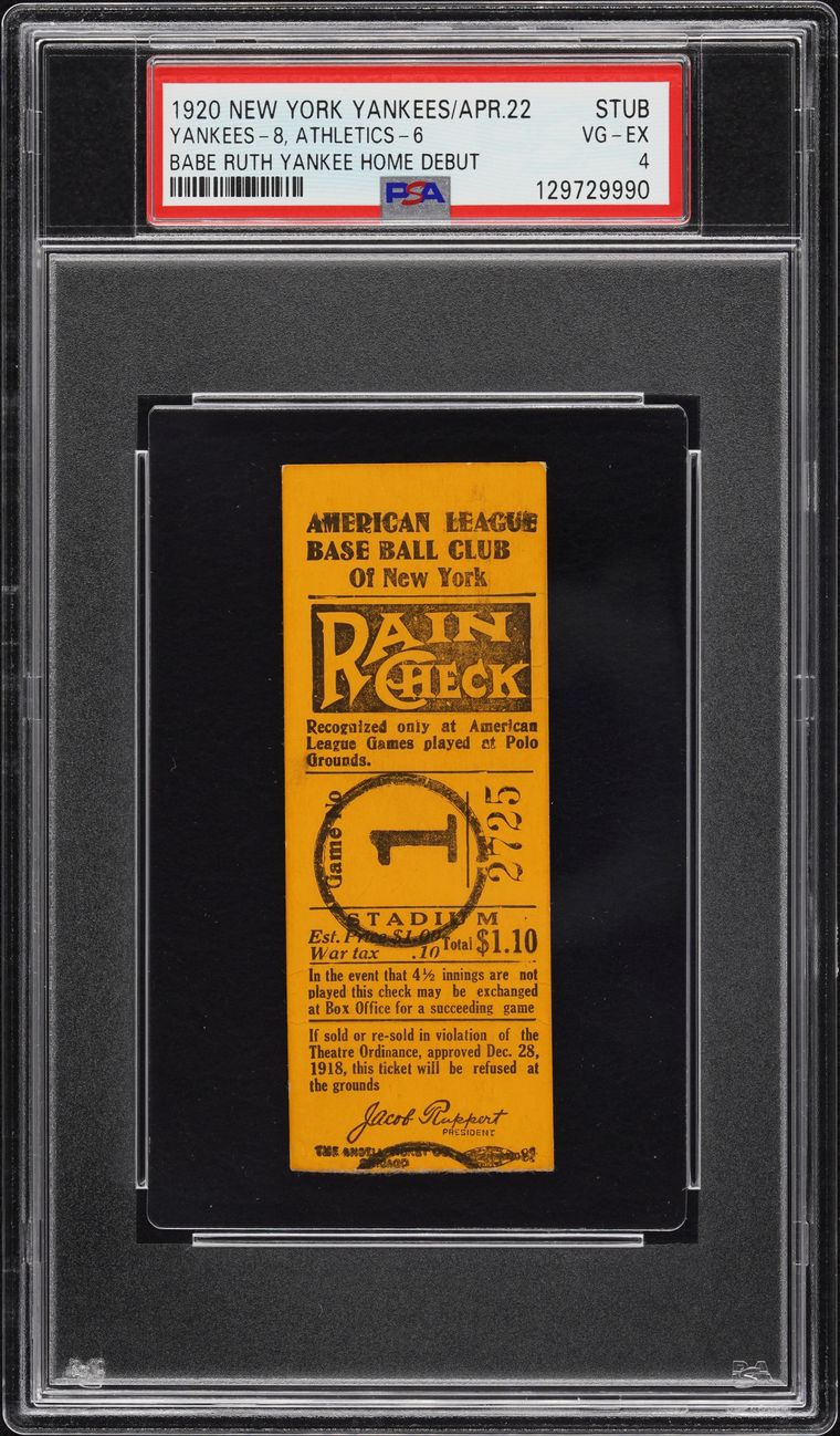 Ticket stub from Babe Ruth's home debut for the New York Yankees on 22 April 1920, graded PSA 4