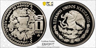 1983-Mo 50 Peso Coyolxauhqui KM-490 PR69DCAM
