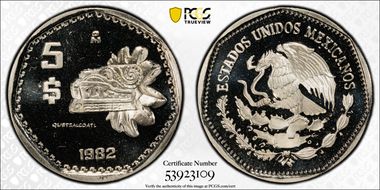 1982-Mo 5 Peso Quetzalcoatl KM-485 PR68DCAM