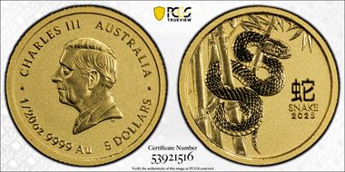 2025-P $5 Year of the Snake 1/20oz Au MS70