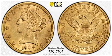 1908 $5 Liberty AU58