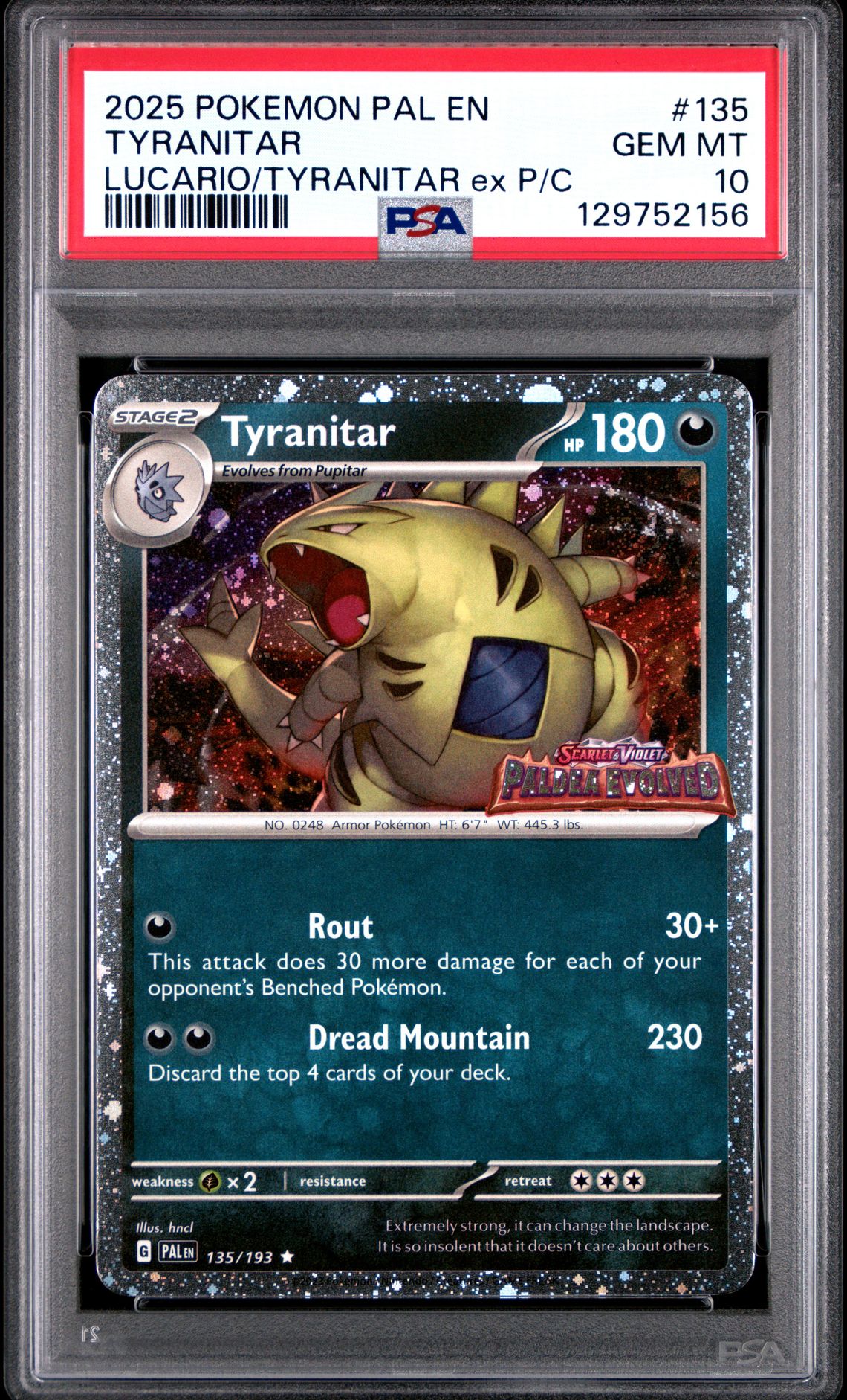 2025 Pokemon POKEMON PAL EN-PALDEA EVOLVED LUCARIO/TYRANITAR EX P/C #135 Tyranitar front