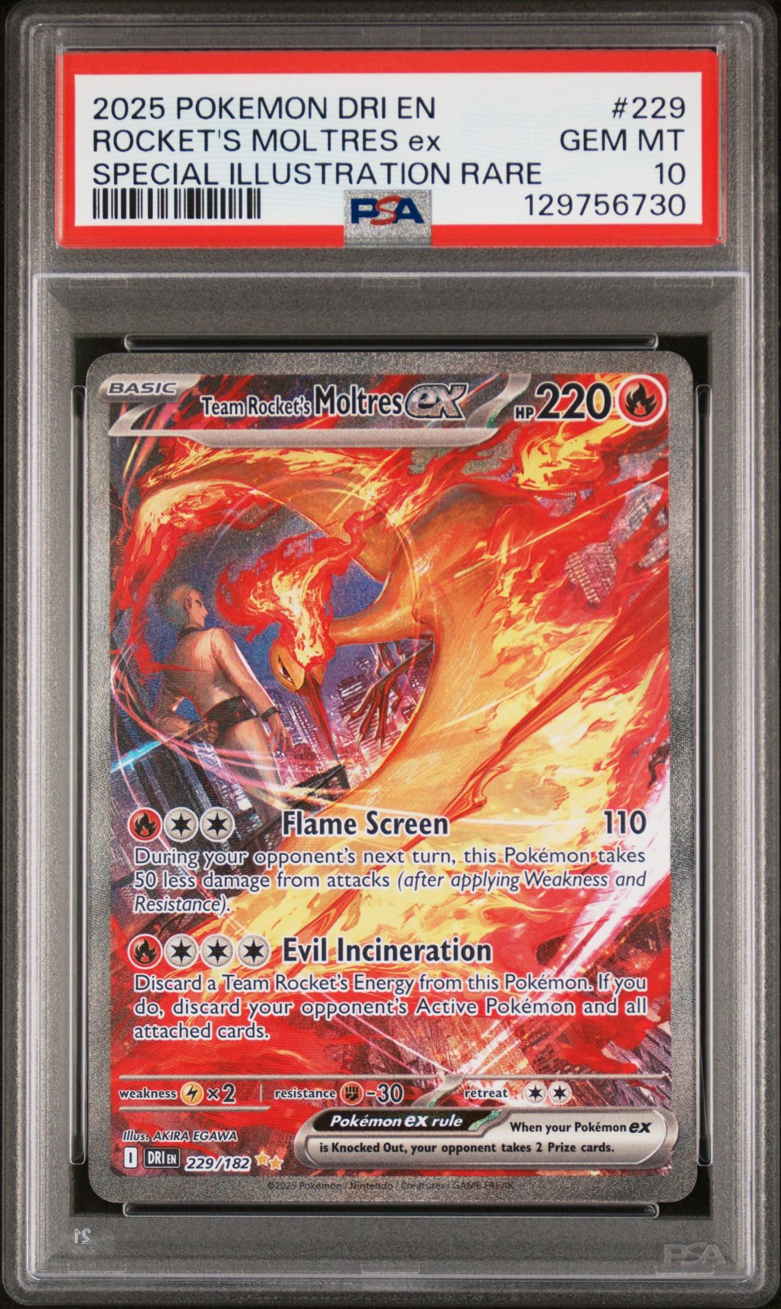 2025 Pokemon Dri En-Destined Rivals Rocket's Moltres Ex #229 (Special Illustration Rare) Gem Mt 10 front