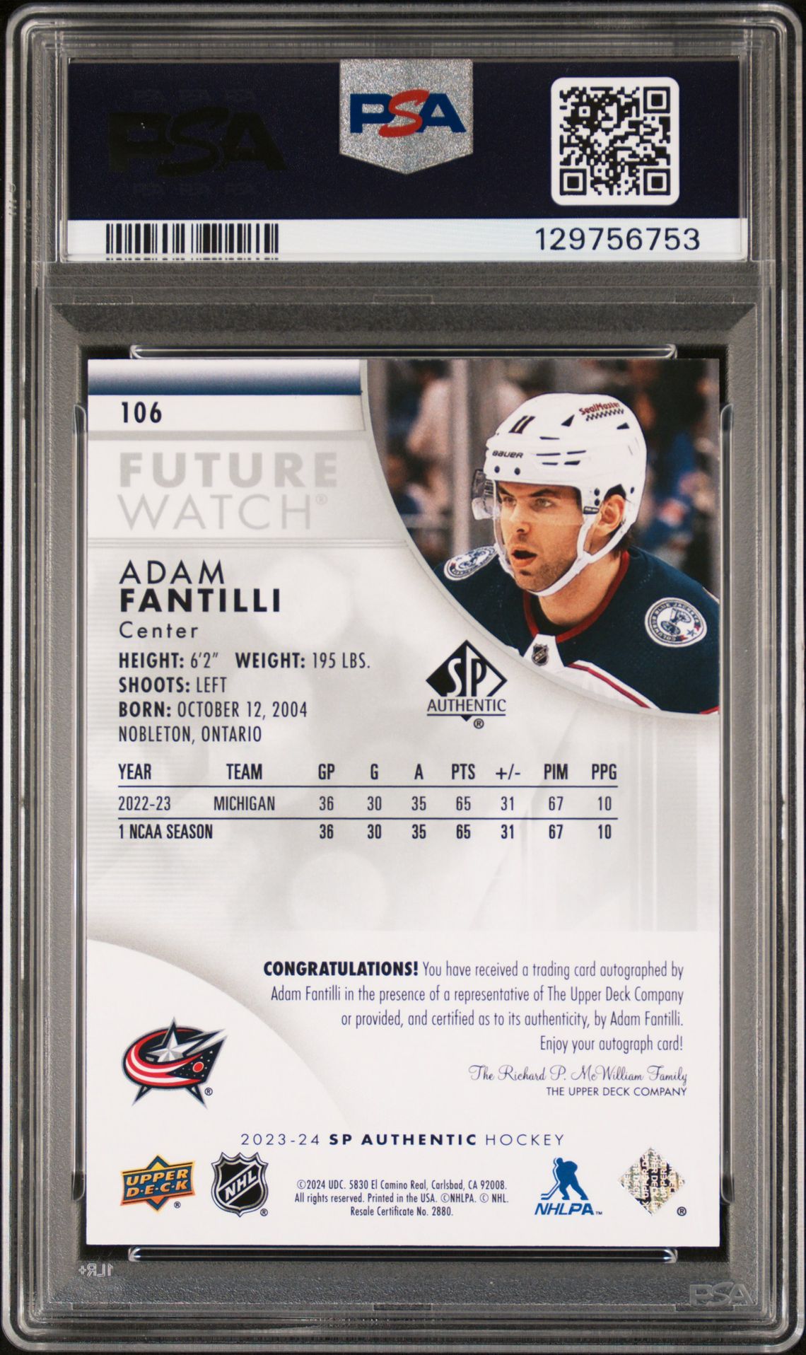 2023 Sp Authentic Adam Fantilli #106 (Autograph) Mint 9 back