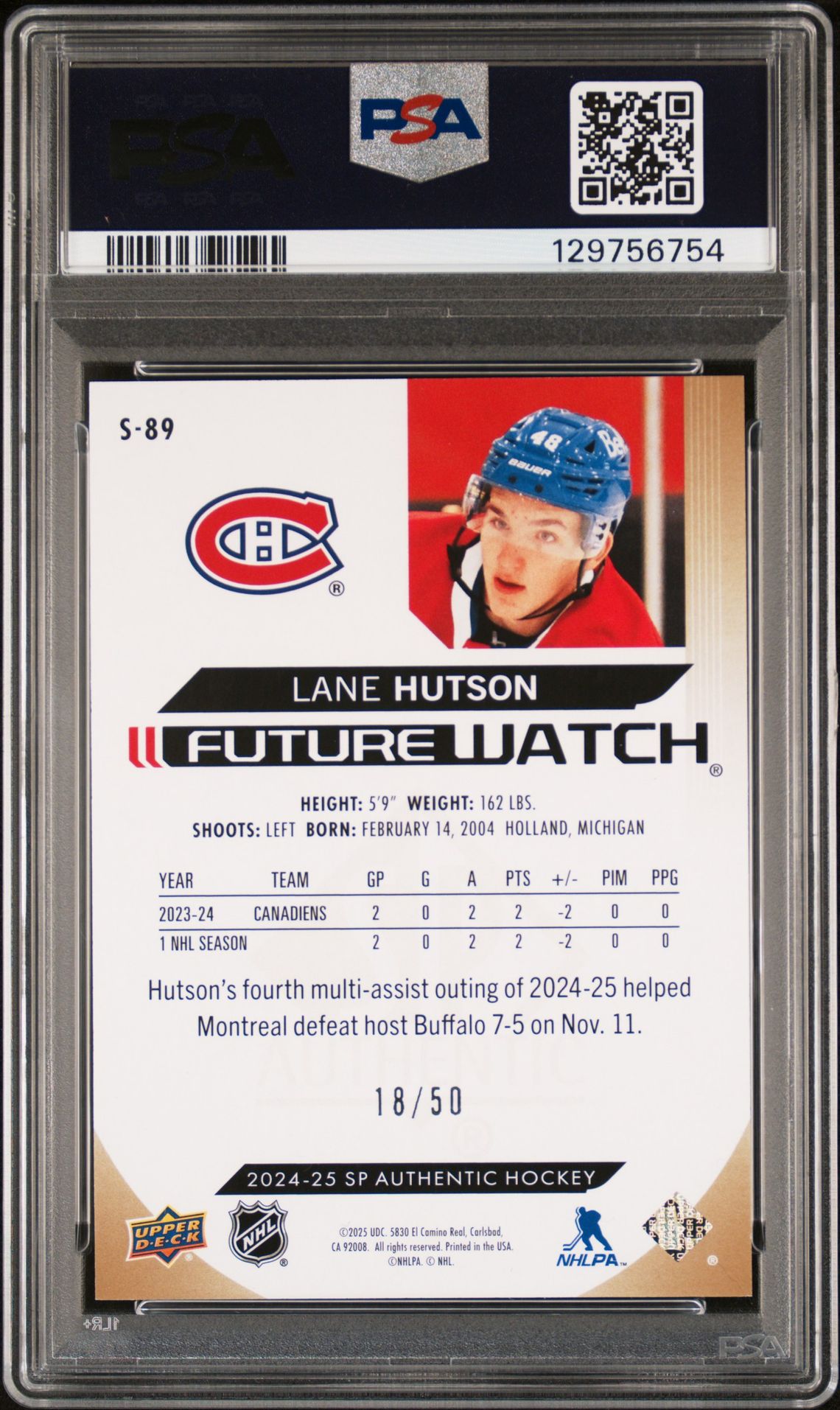 2024 Sp Authentic Spectrum Fx Lane Hutson #S-89 (Spectrum Fx-Gold) Gem Mt 10 back